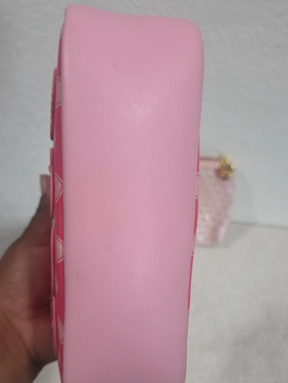 Pink Heart-Patterned Cosmetic Pouch with Gold Heart Charm